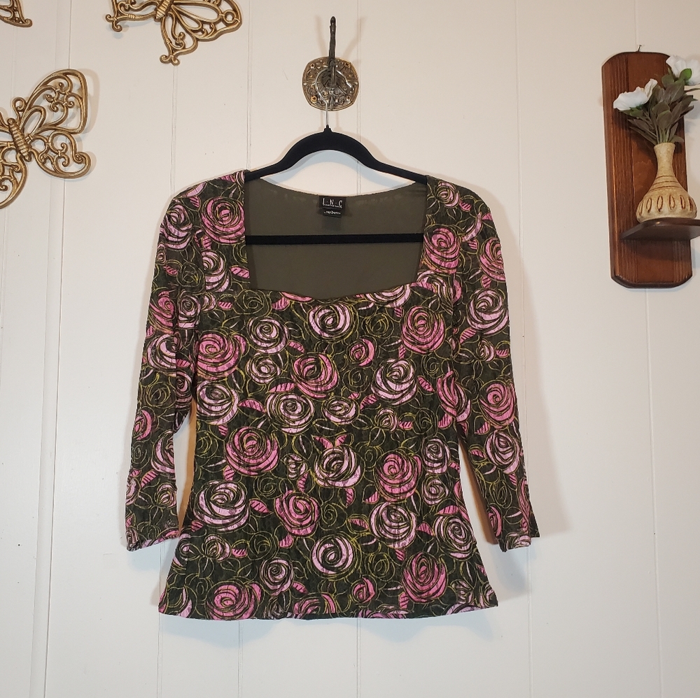 Vintage Y2K Rose Square Neck Pink Green Top Shirt 3/4 Sleeve Size Large